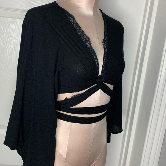 Eastnwest Black Cropped Tie Top Bat Sleeves Boho - Picture 3 of 8